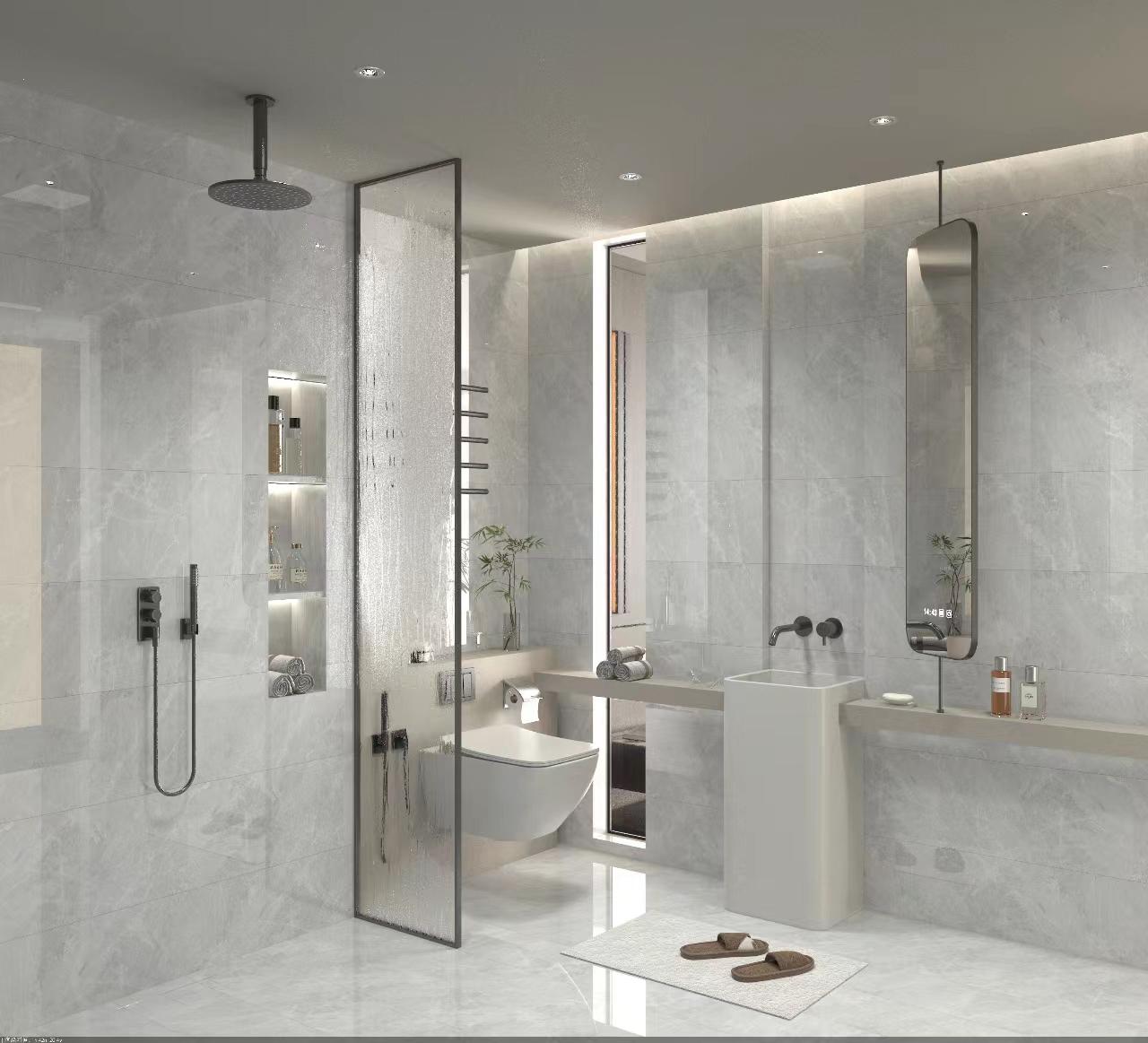 Living interior floored with Cloud marble-look porcelain
